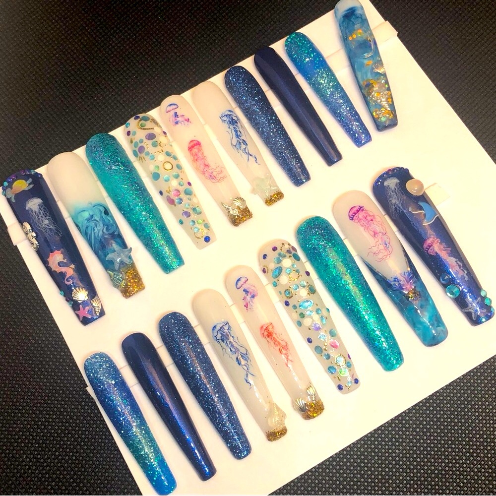 Custom Handmade Press On Nails 2X Long Coffin Blue Summer Ocean Beach Nails